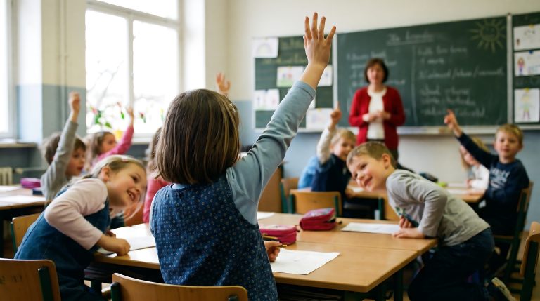 Young students enthusiastically raise their hands to answer questions in a bright classroom with their teacher.