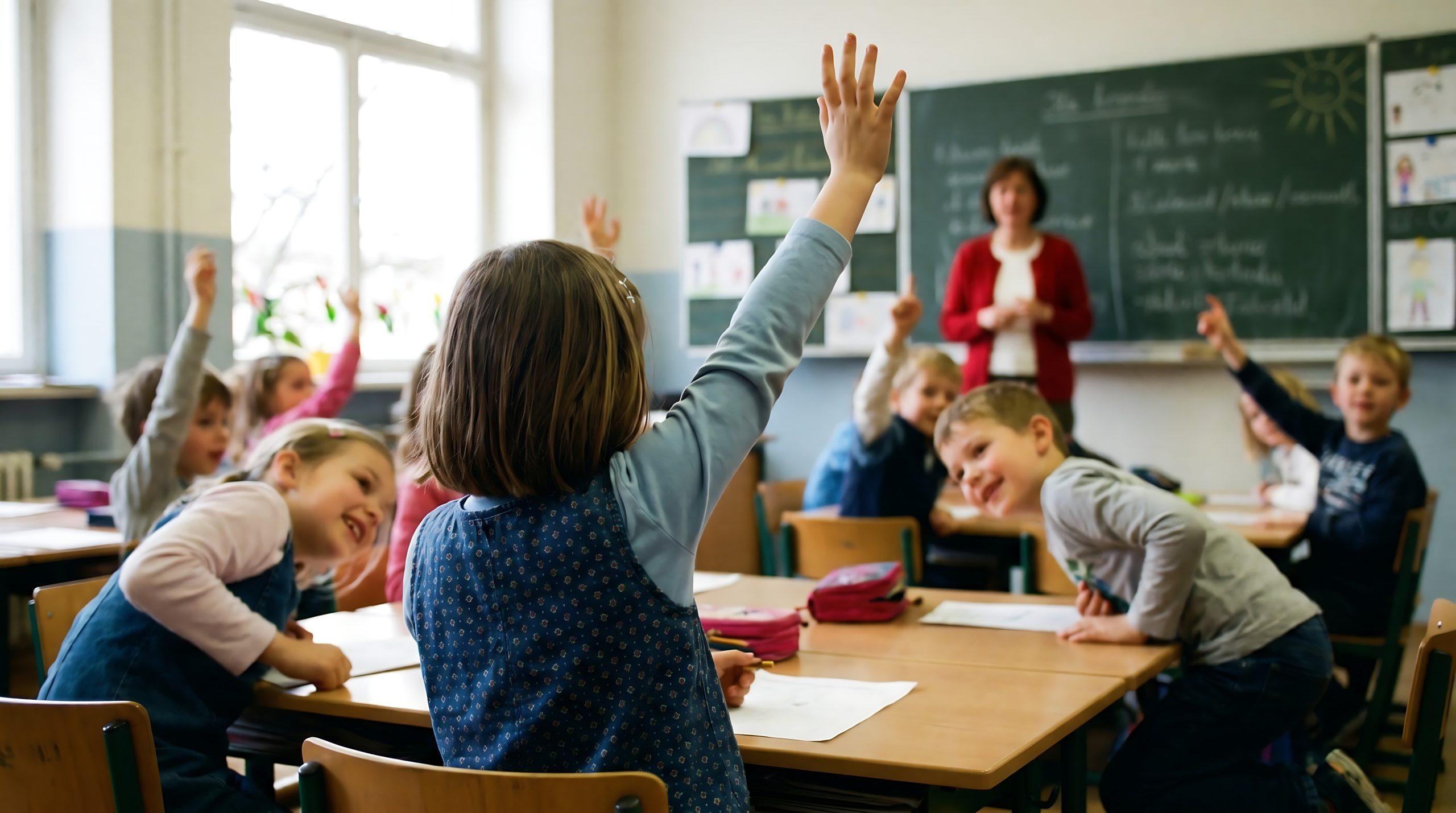 Young students enthusiastically raise their hands to answer questions in a bright classroom with their teacher.